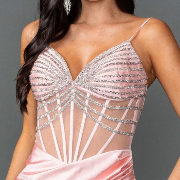 New Beads Embellished Sheath Prom Dress w/ V-Neck & Gathered Waistline DQ 4541 - Picture 4 of 8